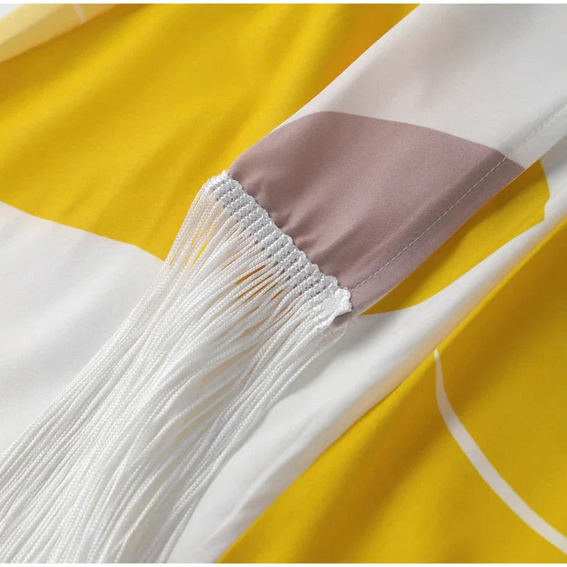 🌴Printed Lantern Sleeve Loose Top Tassel Hem Skirt Women's Suit👒