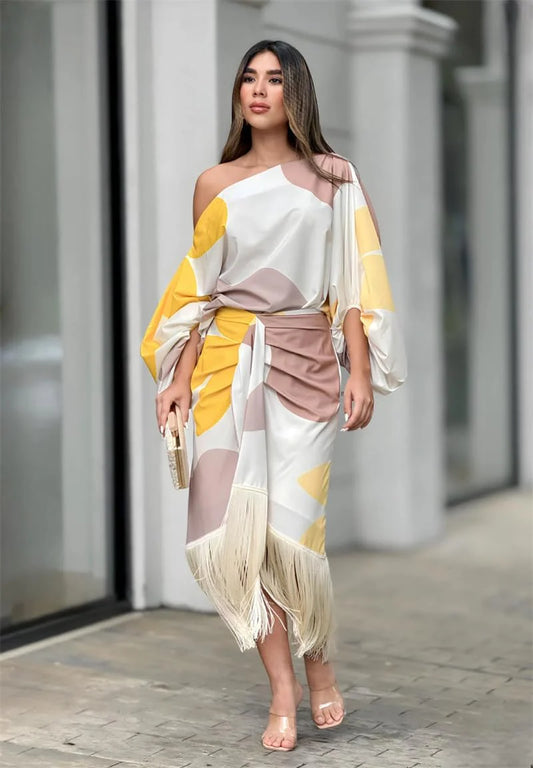 Printed Lantern Sleeve Loose Top Tassel Hem Skirt Women's Suit